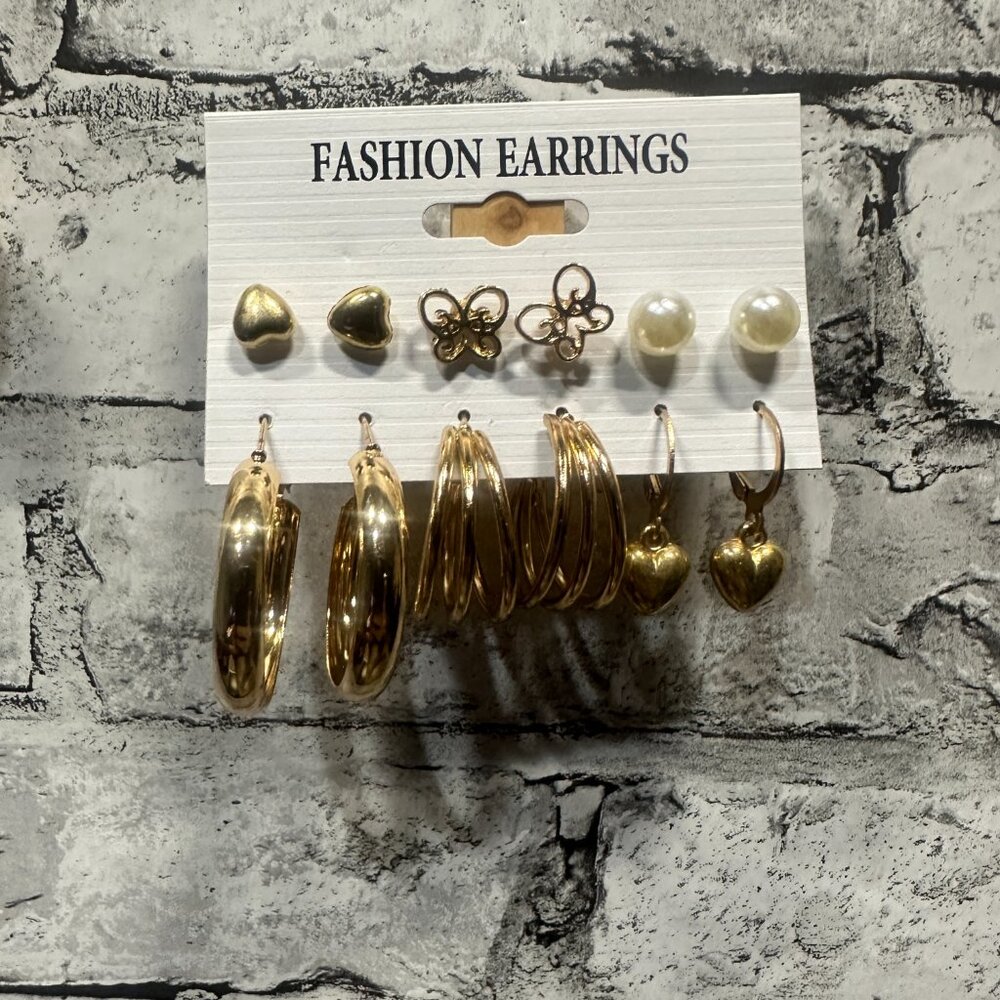 NWT Fashion Earrings Full Set (3 Studs, 2 Small Hoops, 1 Dangle Heart)